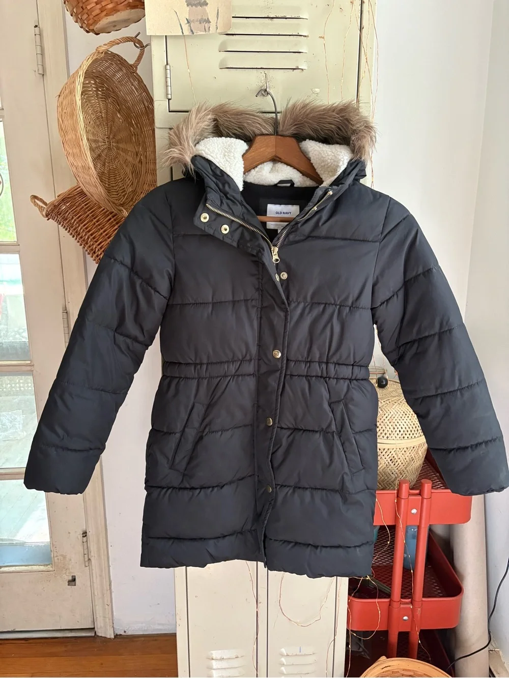 Kids winter long puffer jacket with fur hood